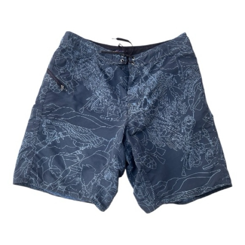Patagonia Wavefarer Board Short Graphic Print Swim Trunks Snorkeler Navy Blue 36